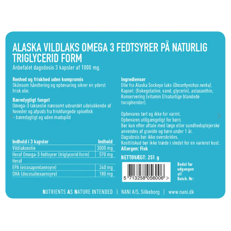 Nani Fiskeolie - Alaska Vild Laks Omega 3 - 180 kapsler